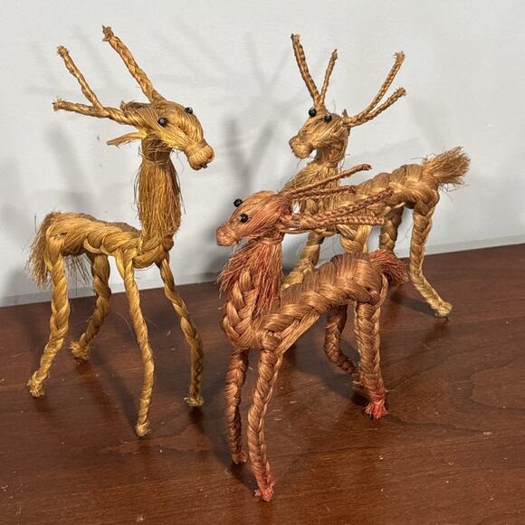 handcrafted Other - Vintage Reindeer Christmas Handcrafted Of Rope Figure Sculpture Taiwan Lot of 3